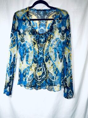 Elie Tahari Silk Blue and Yellow Paisley Sheer Long-Sleeve Blouse